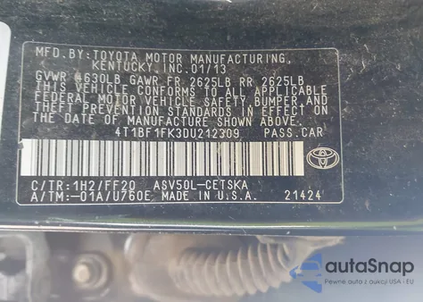 2013 Toyota Camry Se from USA, damaged, VIN 4T1BF1FK3DU212309